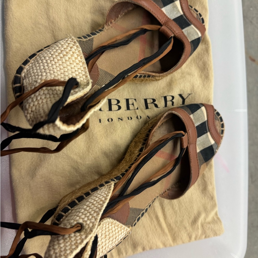 Burberry Tan and Black Plaid Wedge Sandals - Picture 3 of 7